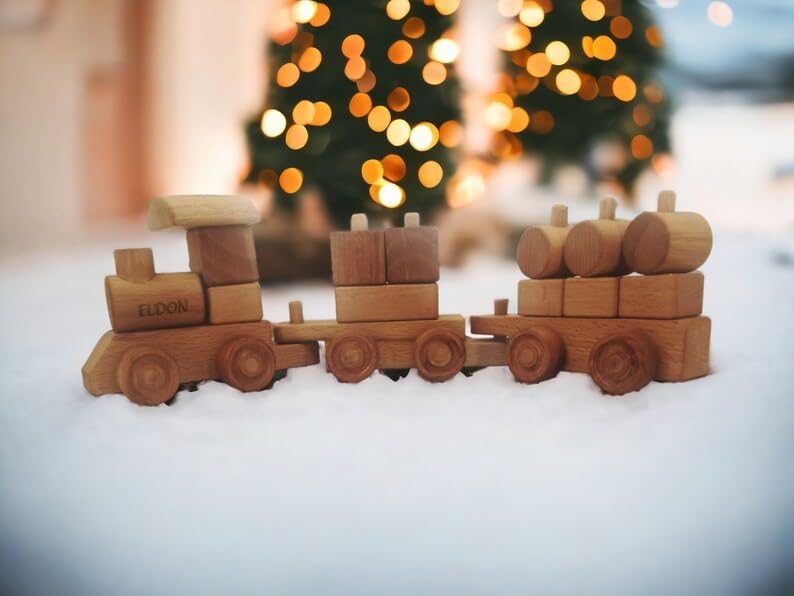 JOLLY WOODPECKER Personalized Wooden Stacking Train Set for Toddlers