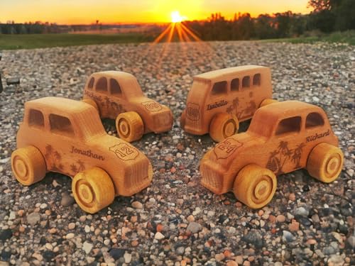 JOLLY WOODPECKER Personalized 4pcs Wooden Toy Cars for Toddlers 1-3
