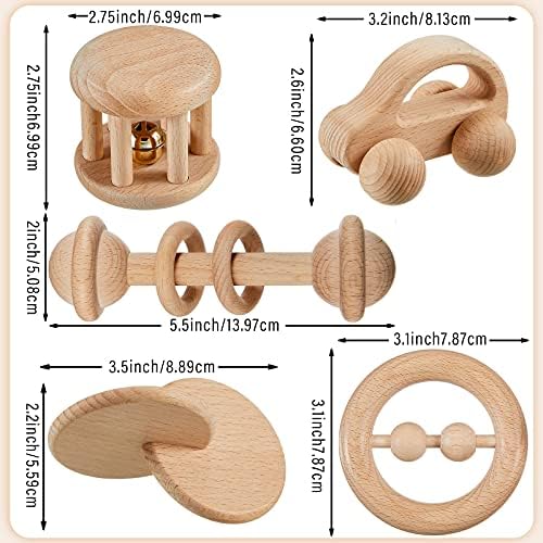 Zhanmai 5-Piece Wooden Baby Toys with Bells and Rattles