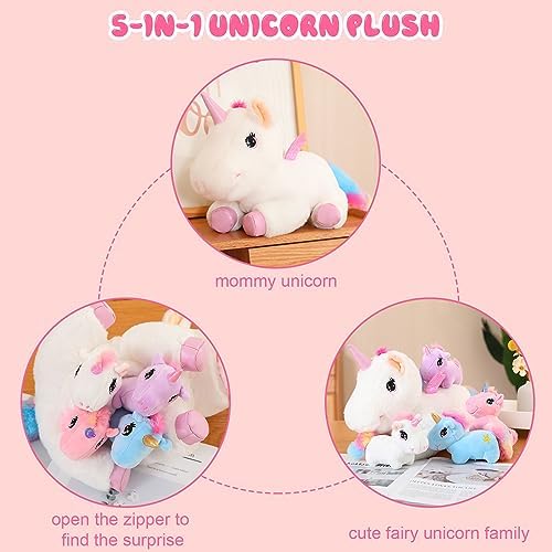 SQEQE Rainbow Unicorn Plush Pillow with 4 Baby Friends