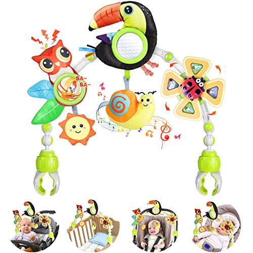 Baby Stroller Arch Toy with Teether Rattle Crinkle Mirror and Music Box