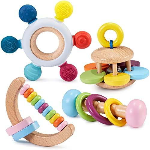 Chivao 4 Pcs Wooden Baby Rattle Set