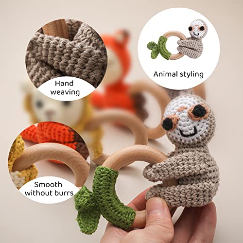 Wooden Teether Crochet Baby Rattle - Gray Elephant