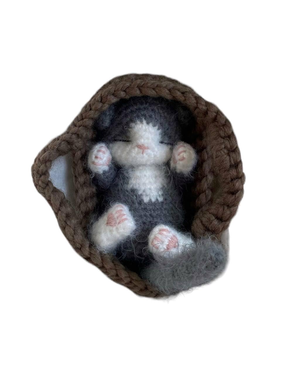Fluffy Sleeping Kitten Dark Grey Crochet Toy for Toddlers