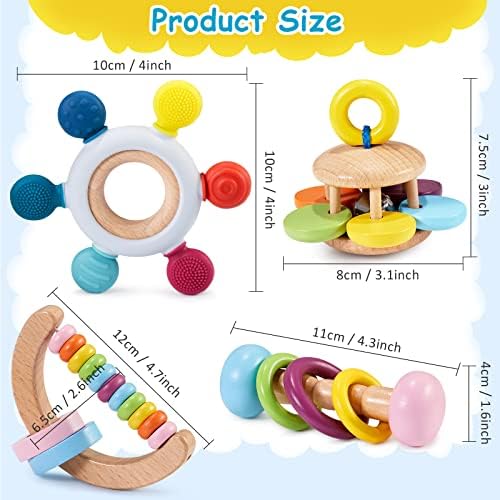 Chivao 4 Pcs Wooden Baby Rattle Set