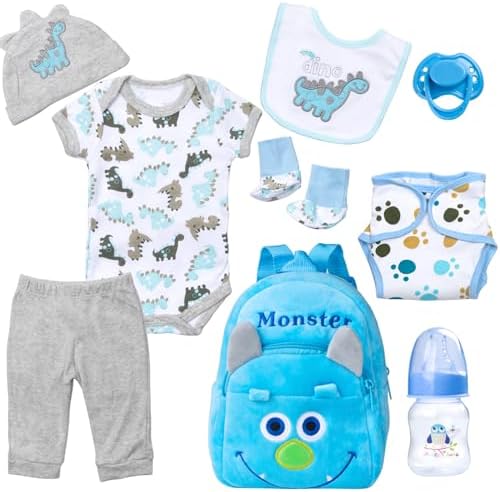 Pedolltree 9 Pcs Reborn Baby Doll Blue Dinosaur Outfit Accessories Set
