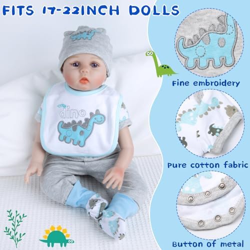 Pedolltree 9 Pcs Reborn Baby Doll Blue Dinosaur Outfit Accessories Set