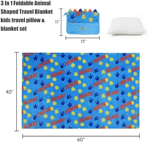 3 in 1 Travel Pillow Blanket Set for Kids with Dinosaur Print