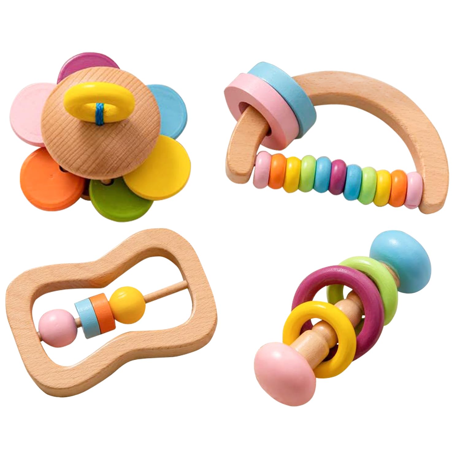 Montessori Wooden Rattle Teether Play Kit for Babies 0-12 Months