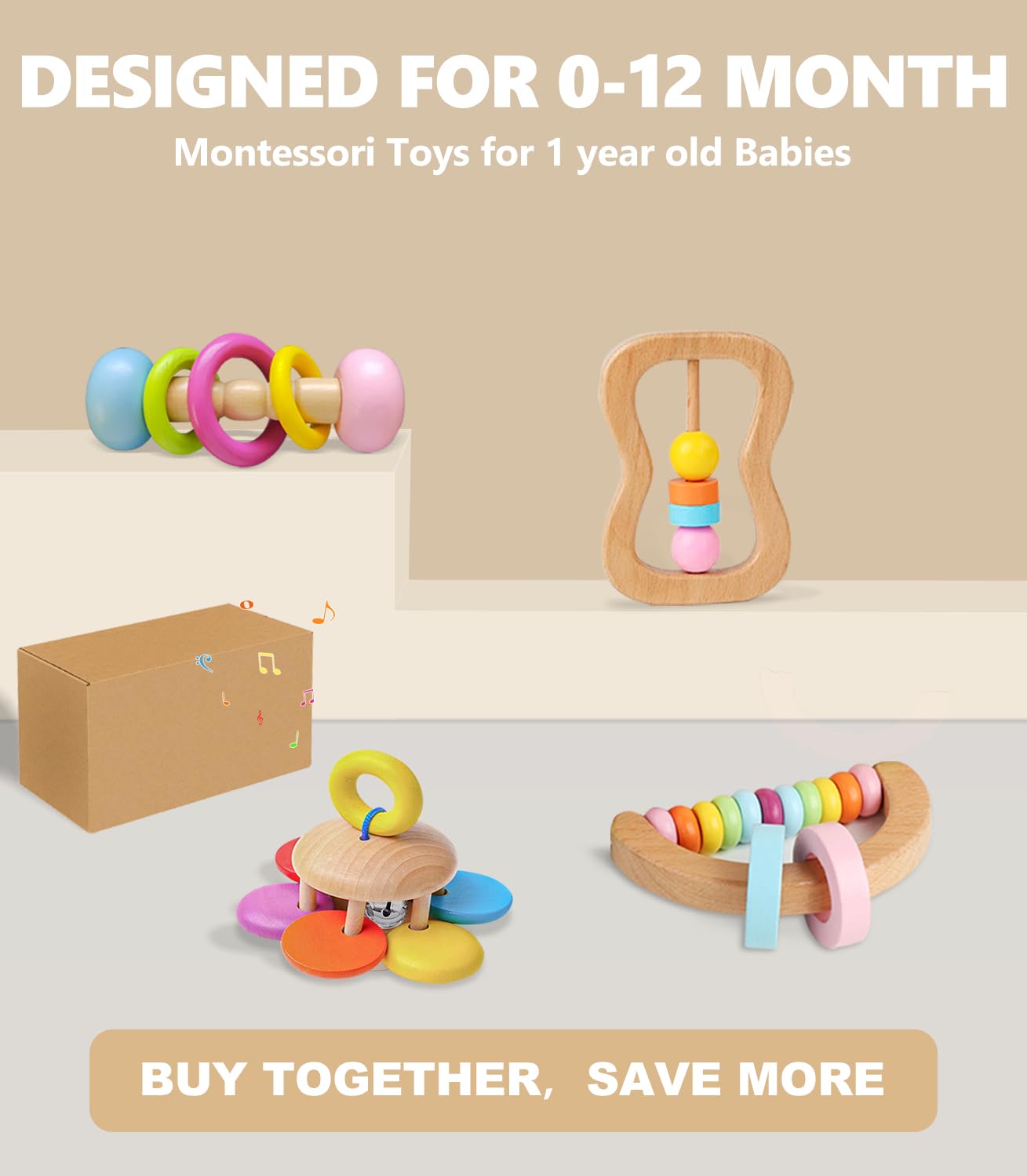 Montessori Wooden Rattle Teether Play Kit for Babies 0-12 Months