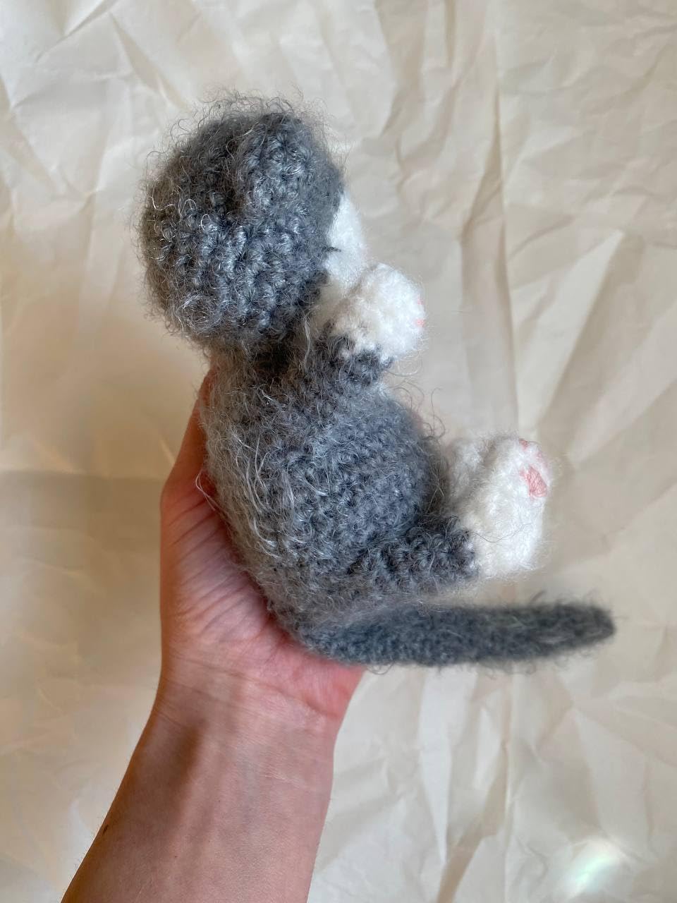 Fluffy Sleeping Kitten Dark Grey Crochet Toy for Toddlers
