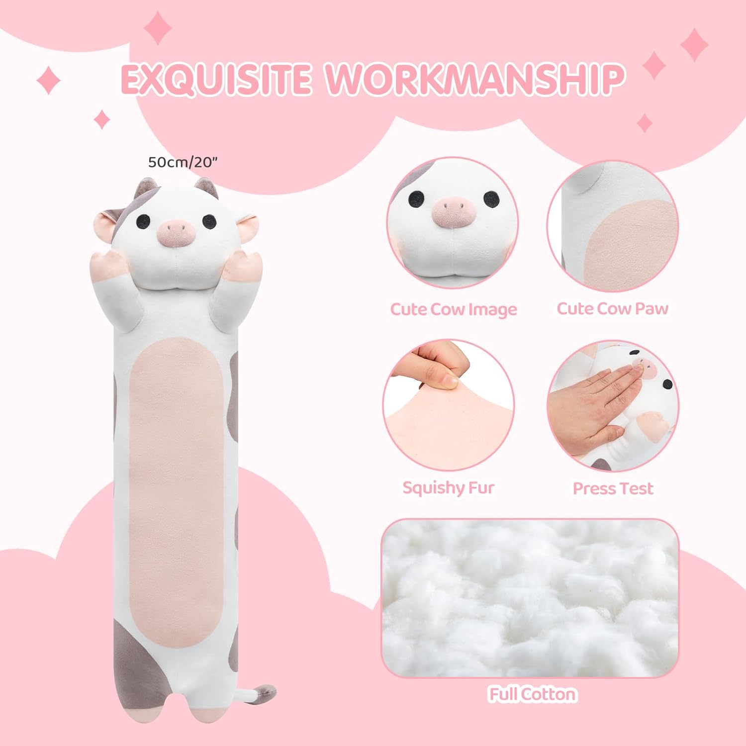 Mewaii Long Plush Cow Pillow for Cuddling and Comfort