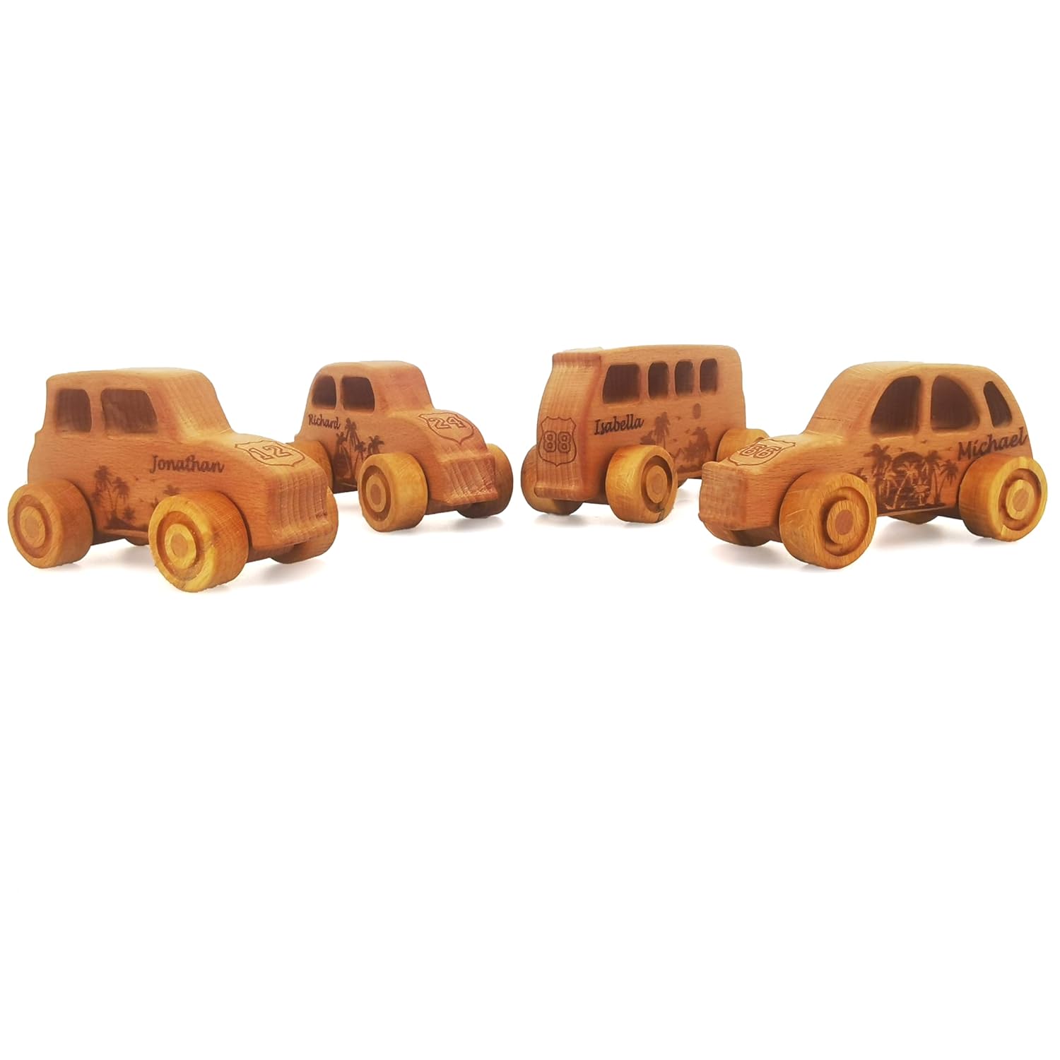 JOLLY WOODPECKER Personalized 4pcs Wooden Toy Cars for Toddlers 1-3