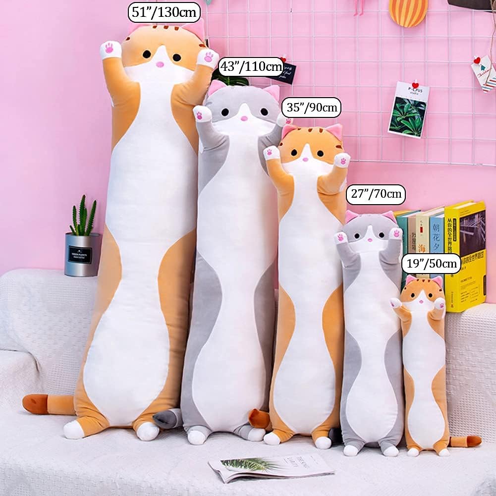 Cute Gray Cat Plush Long Body Pillow - 35 Inches Cuddle Toy