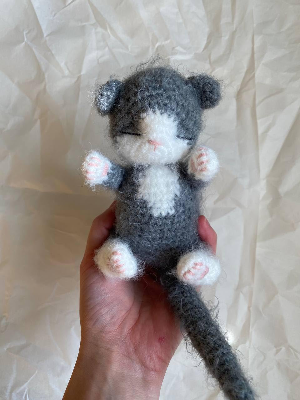 Fluffy Sleeping Kitten Dark Grey Crochet Toy for Toddlers