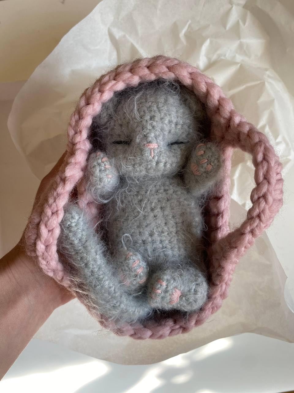 Fluffy Sleeping Kitten Grey Toy Newborn Cat Crib Toy