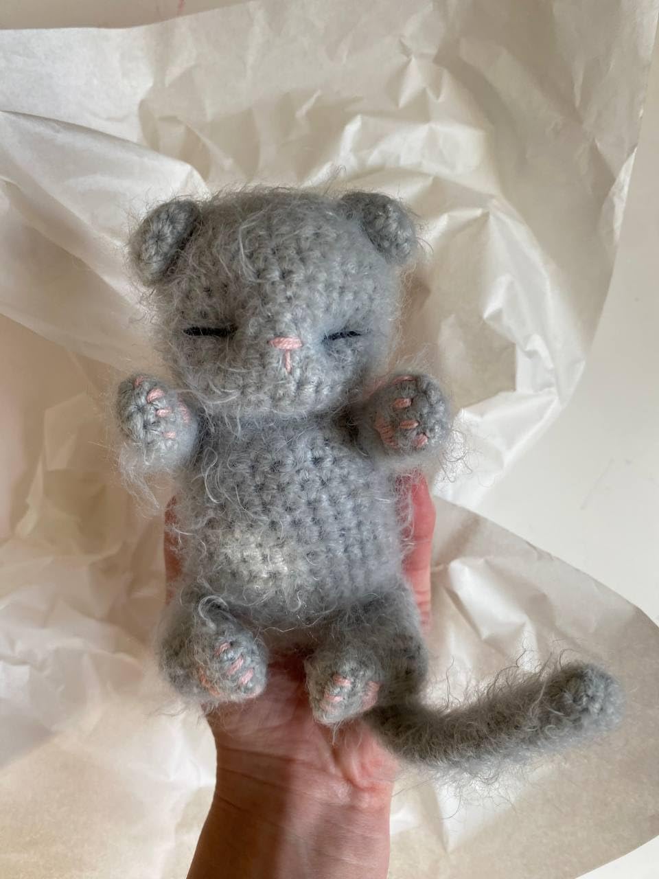 Fluffy Sleeping Kitten Grey Toy Newborn Cat Crib Toy