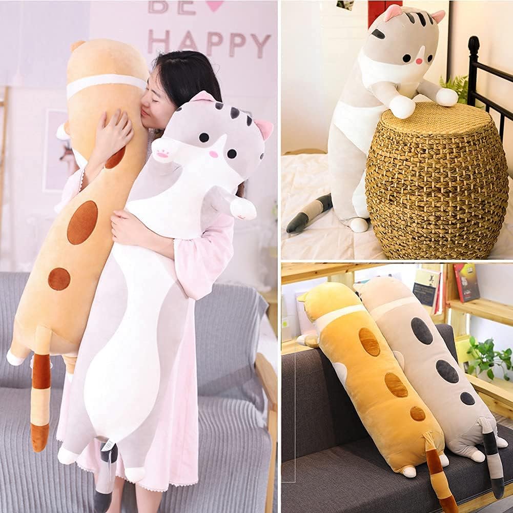 Cute Gray Cat Plush Long Body Pillow - 35 Inches Cuddle Toy