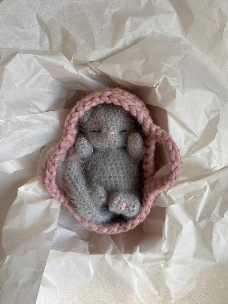 Fluffy Sleeping Kitten Grey Toy Newborn Cat Crib Toy
