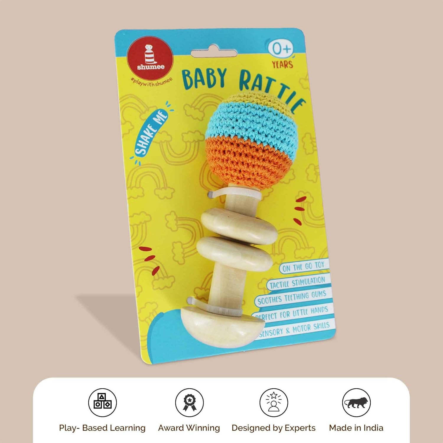 Shumee 5 Inch Crochet Wooden Baby Rattle for Newborn