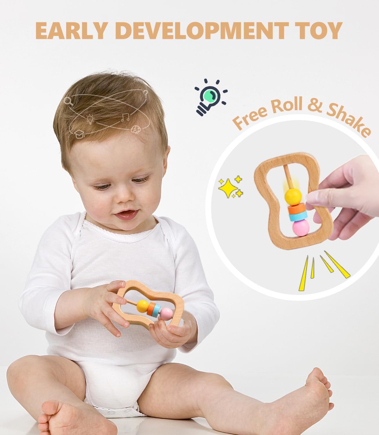 Montessori Wooden Rattle Teether Play Kit for Babies 0-12 Months