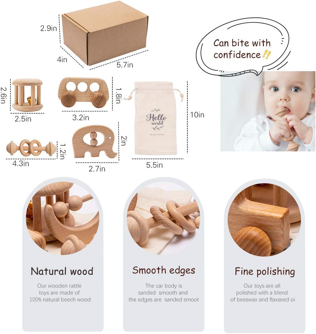 Organic Wooden Baby Rattle Montessori Bell Roller Toy