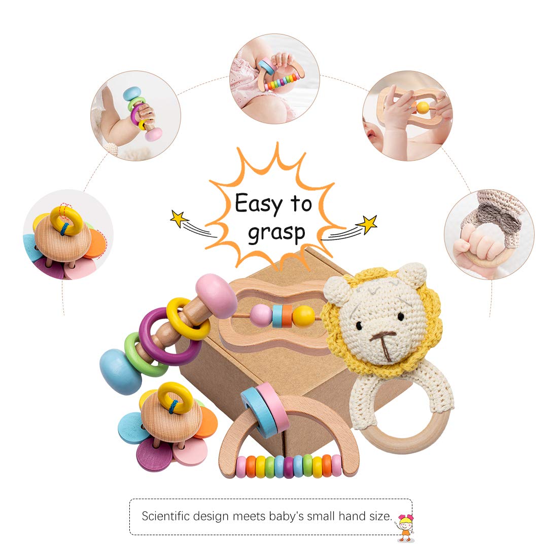 Wooden Baby Rattle Set 5PCS Montessori Toys for Newborn Infant