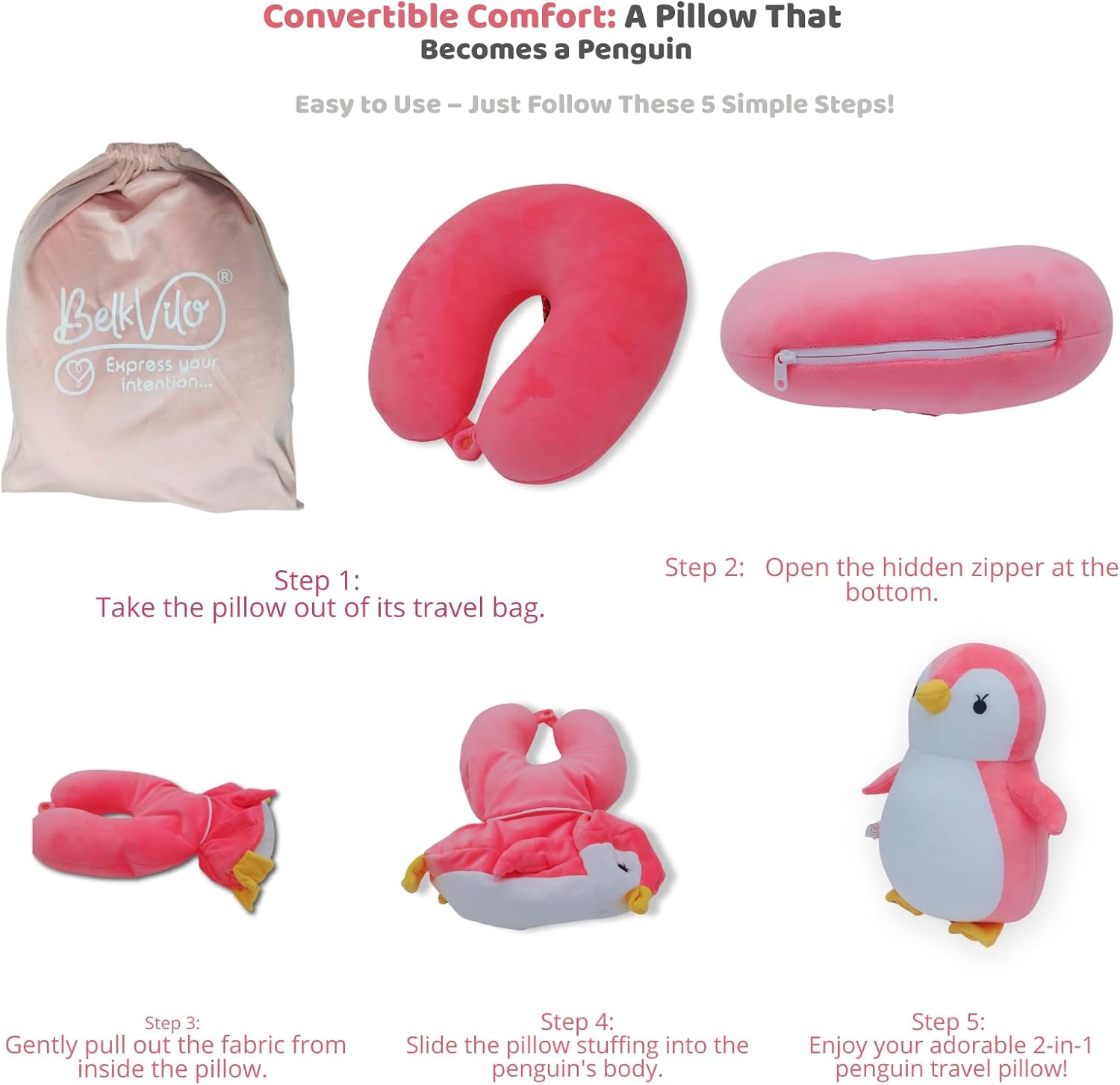 BelkVilo 2-in-1 Plush Penguin Travel Pillow Medium 122 in Pink