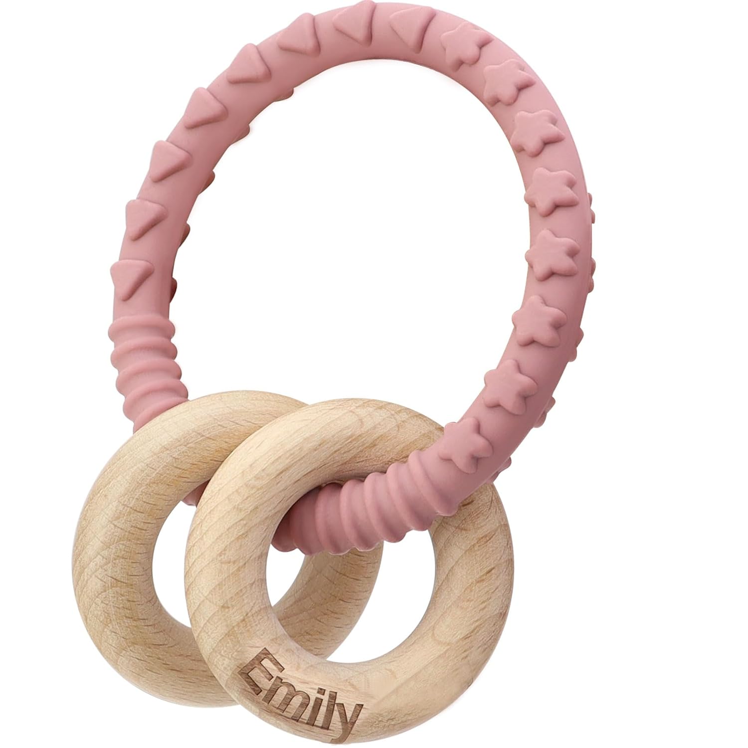 Personalized Name Baby Rattle Teether Ring Pink