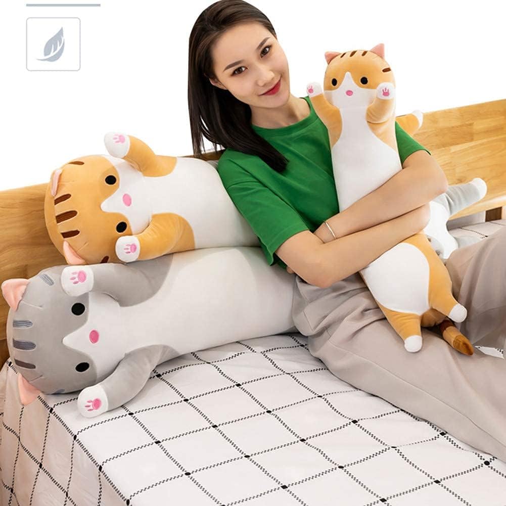 Cute Gray Cat Plush Long Body Pillow - 35 Inches Cuddle Toy