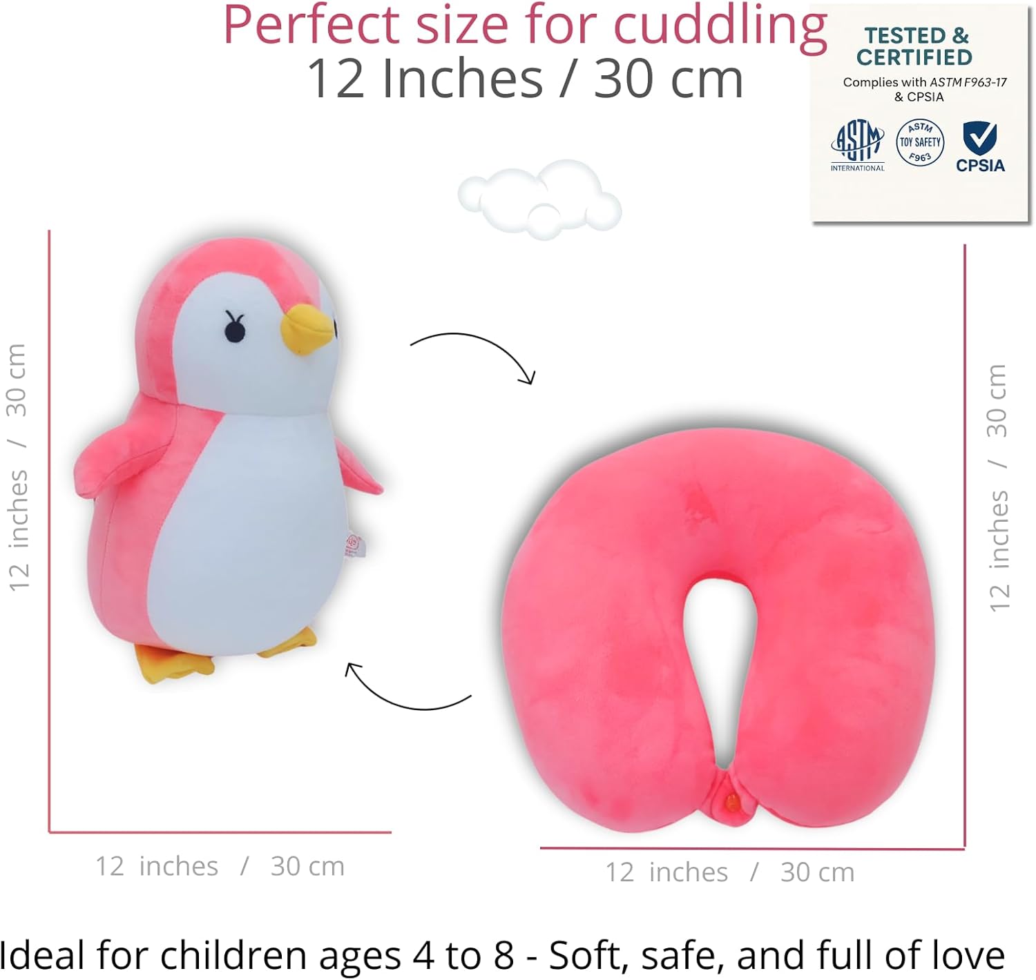 BelkVilo 2-in-1 Plush Penguin Travel Pillow Medium 122 in Pink