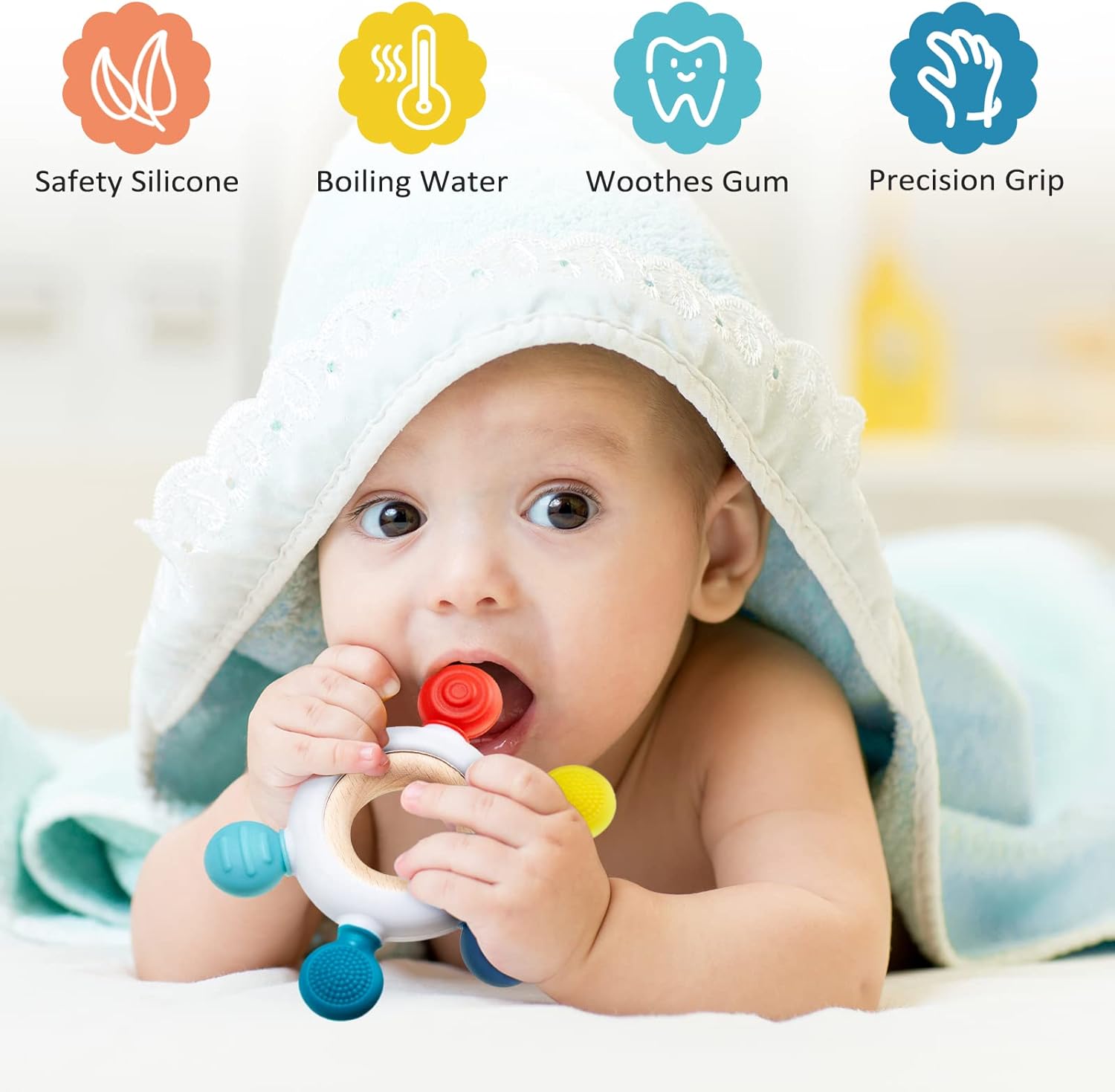 Chivao 4 Pcs Wooden Baby Rattle Set