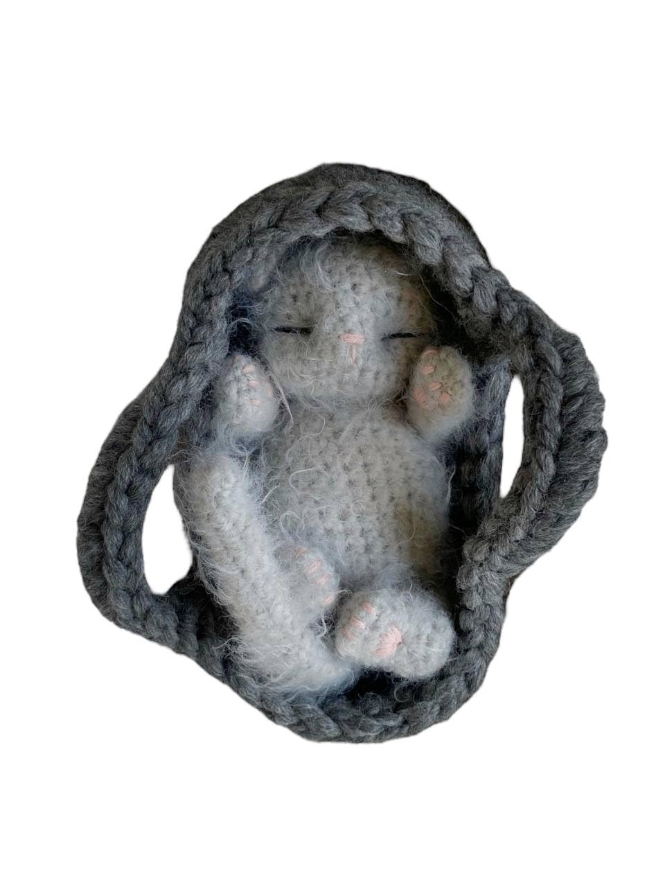 Fluffy Sleeping Kitten Grey Toy - Newborn Cat in Basket
