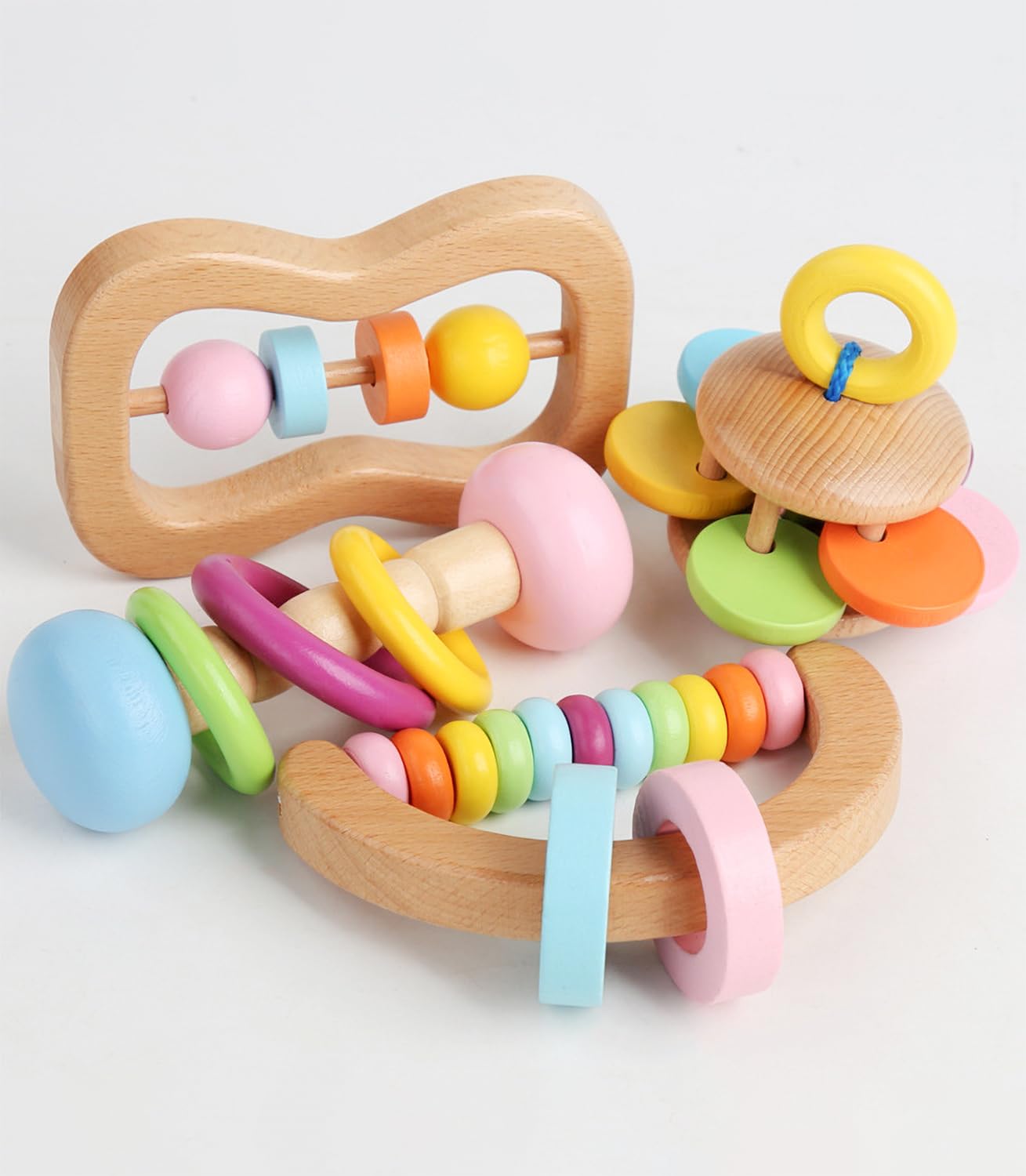 Montessori Wooden Rattle Teether Play Kit for Babies 0-12 Months