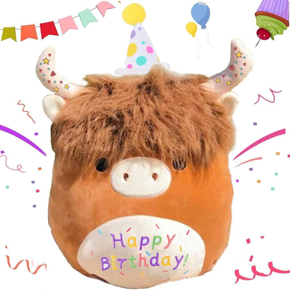 Happy Birthday Highland Cow Plush Toy 12 Cute Cuddly Birthday Pillow
