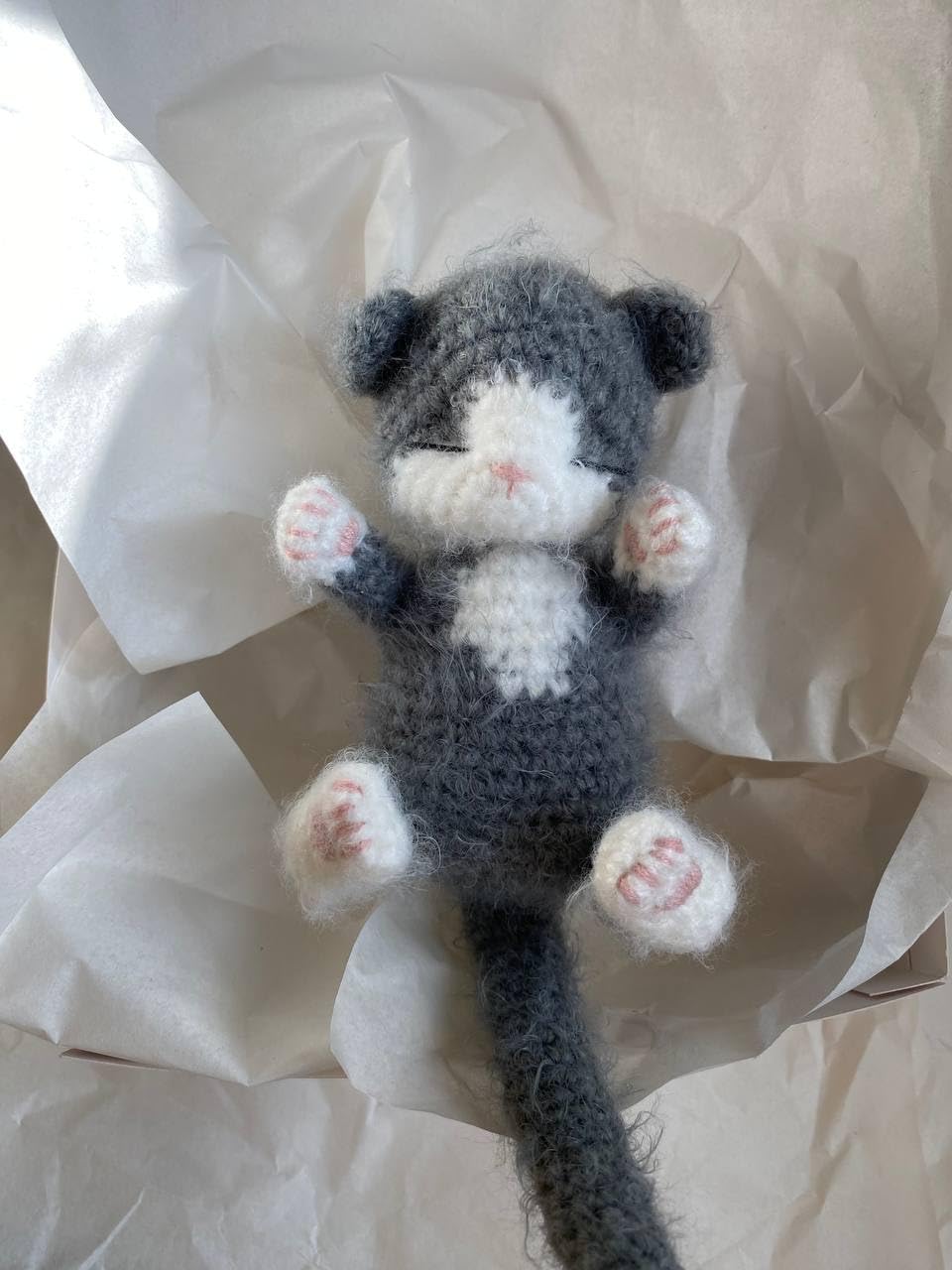Fluffy Sleeping Kitten Dark Grey Crochet Toy for Toddlers