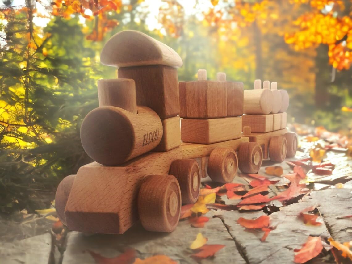 JOLLY WOODPECKER Personalized Wooden Stacking Train Set for Toddlers