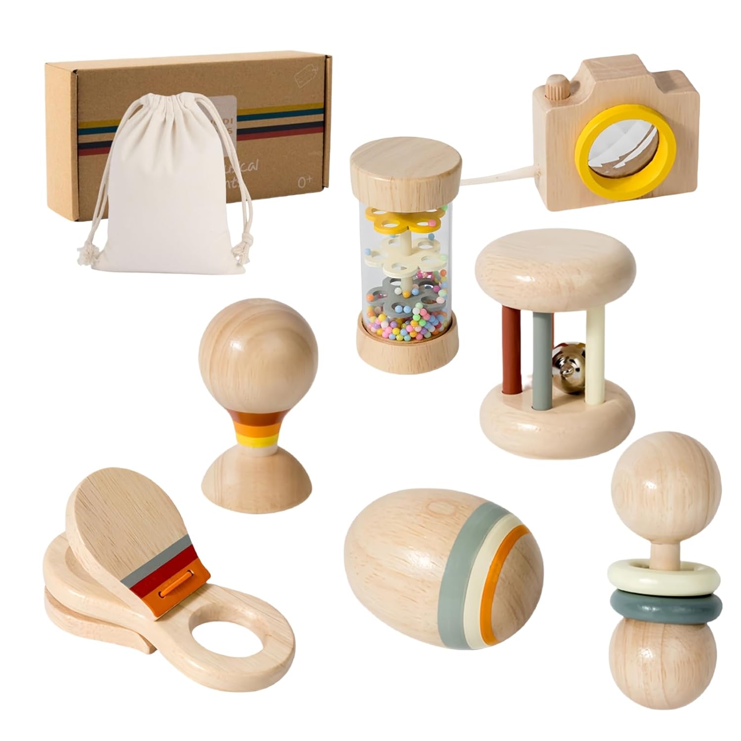BONOVISTA 7PCS Wooden Baby Toy Set for Newborns 0-12 Months