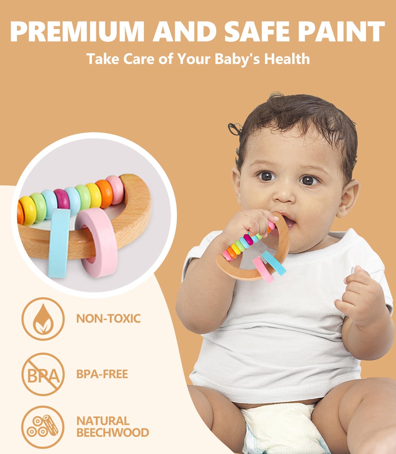 Montessori Wooden Rattle Teether Play Kit for Babies 0-12 Months