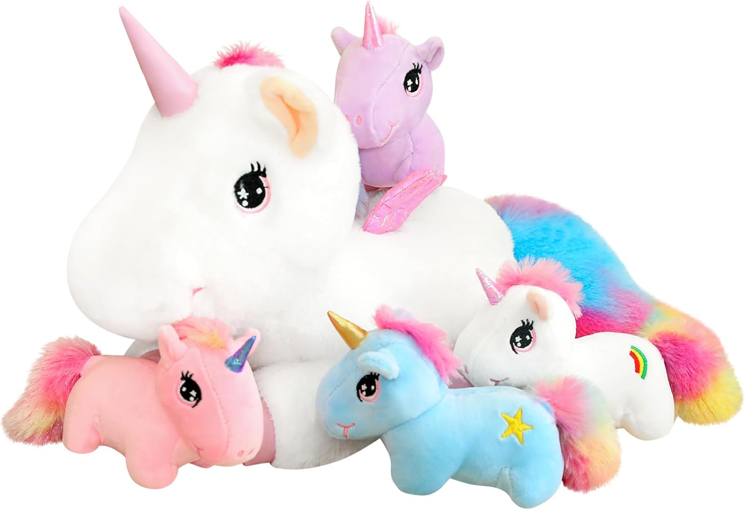 SQEQE Rainbow Unicorn Plush Pillow with 4 Baby Friends