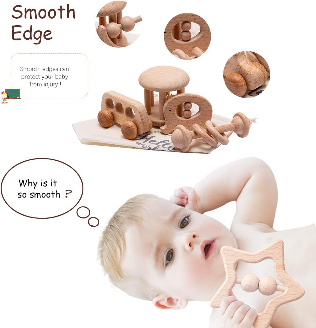 Organic Wooden Baby Rattle Montessori Bell Roller Toy