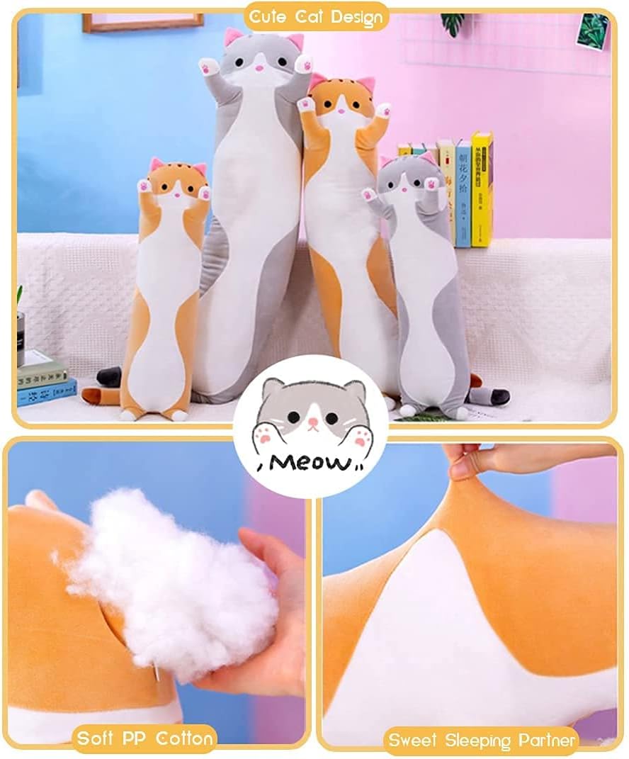 Cute Gray Cat Plush Long Body Pillow - 35 Inches Cuddle Toy