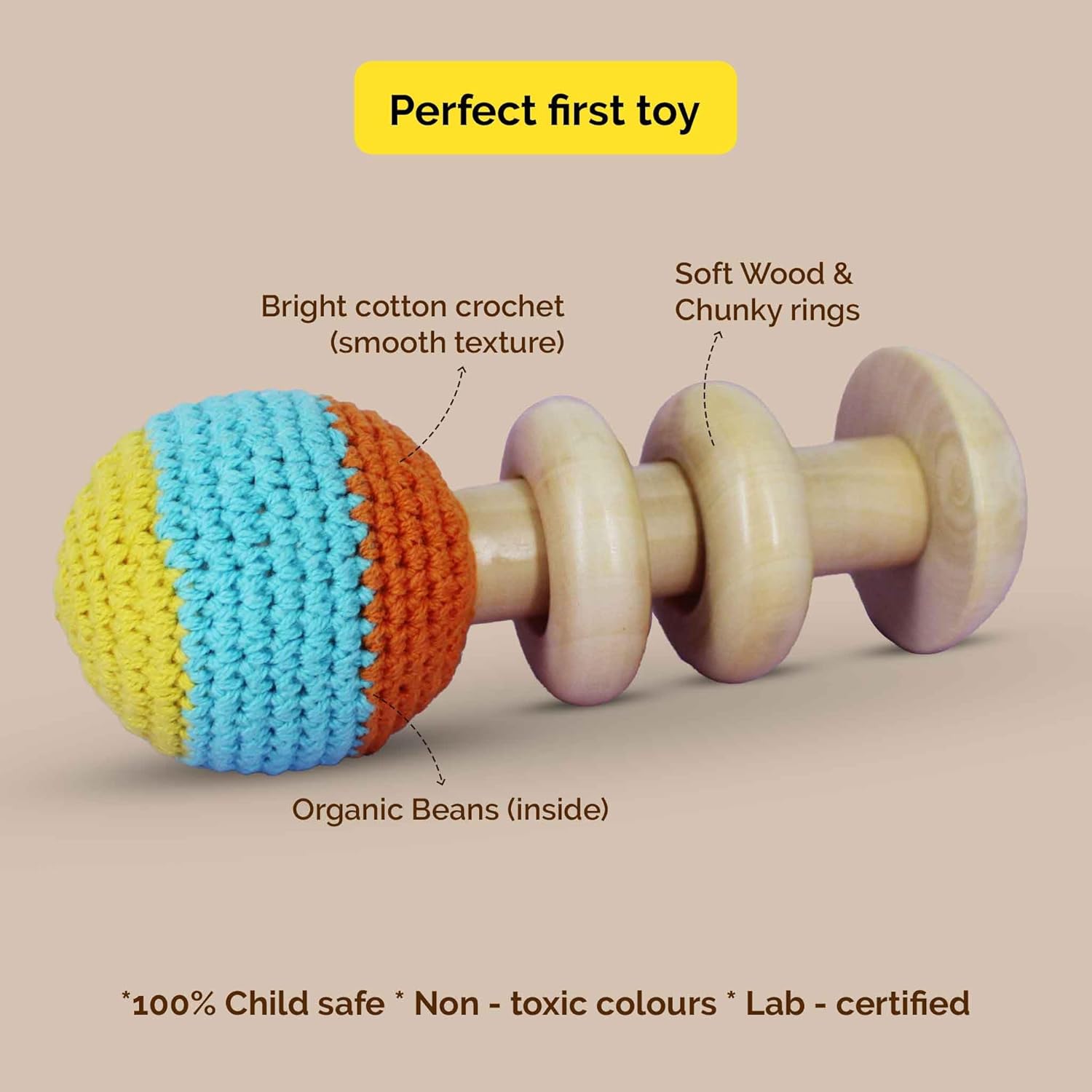 Shumee 5 Inch Crochet Wooden Baby Rattle for Newborn