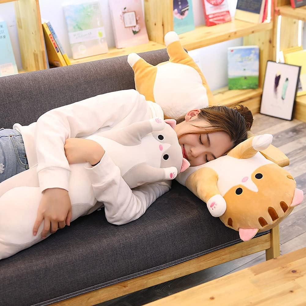 Cute Gray Cat Plush Long Body Pillow - 35 Inches Cuddle Toy