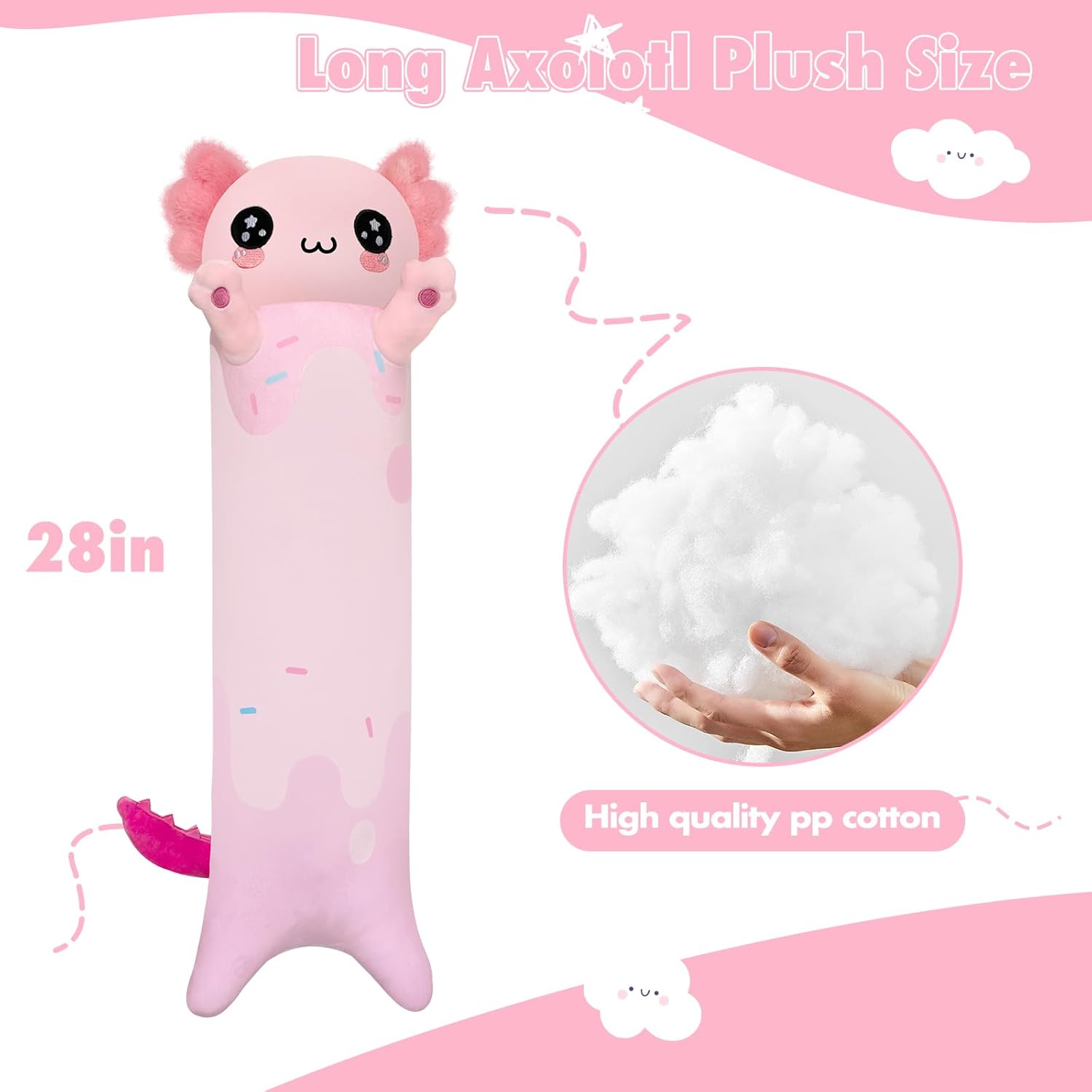 Pink Axolotl Plush Pillow 28 Inch Cute Stuffed Animal for Kids