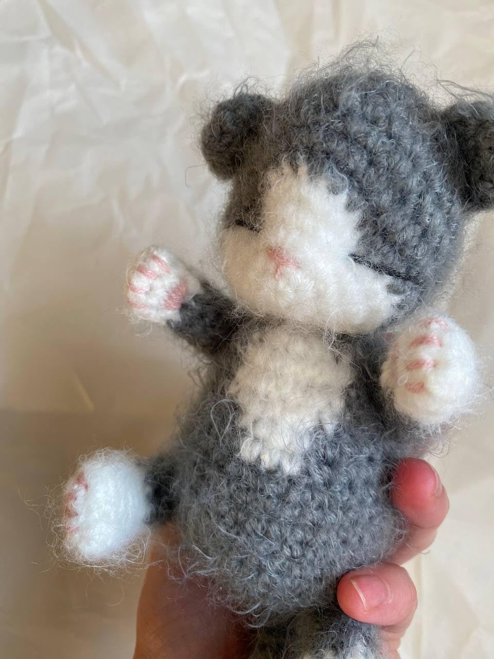 Fluffy Sleeping Kitten Dark Grey Crochet Toy for Toddlers