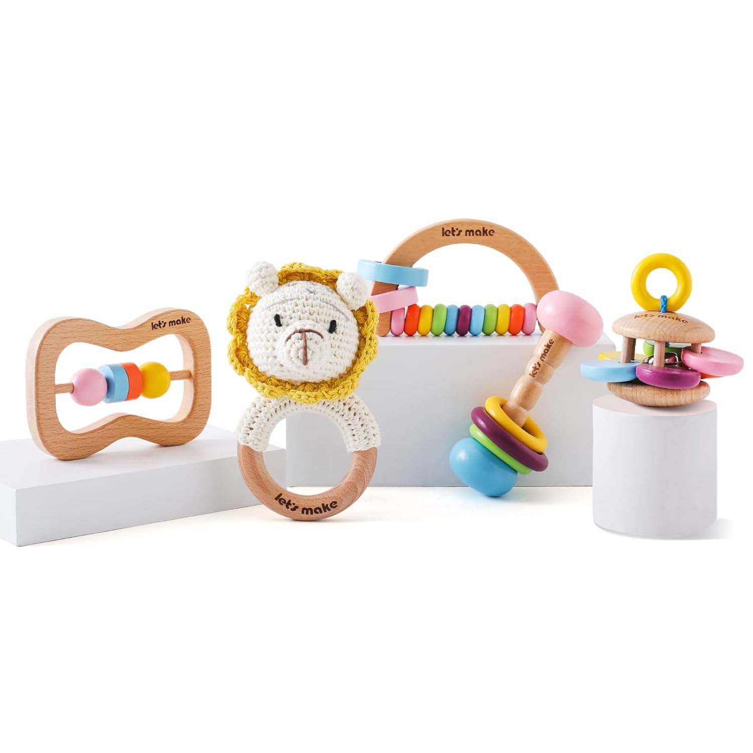 Wooden Baby Rattle Set 5PCS Montessori Toys for Newborn Infant