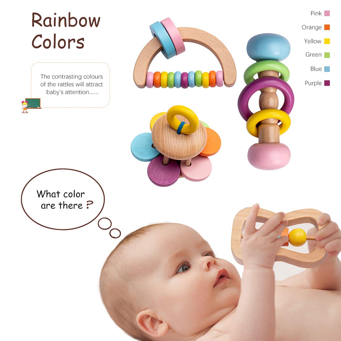 Wooden Baby Rattle Set 5PCS Montessori Toys for Newborn Infant