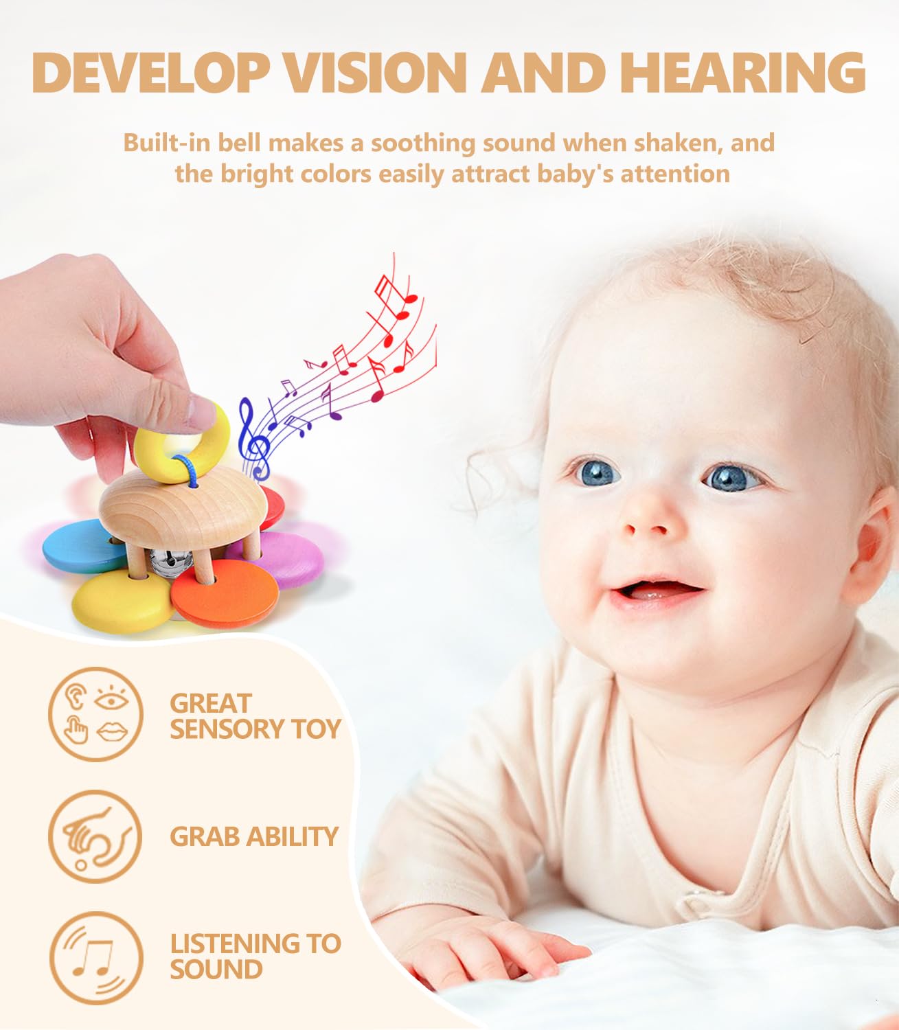 Montessori Wooden Rattle Teether Play Kit for Babies 0-12 Months