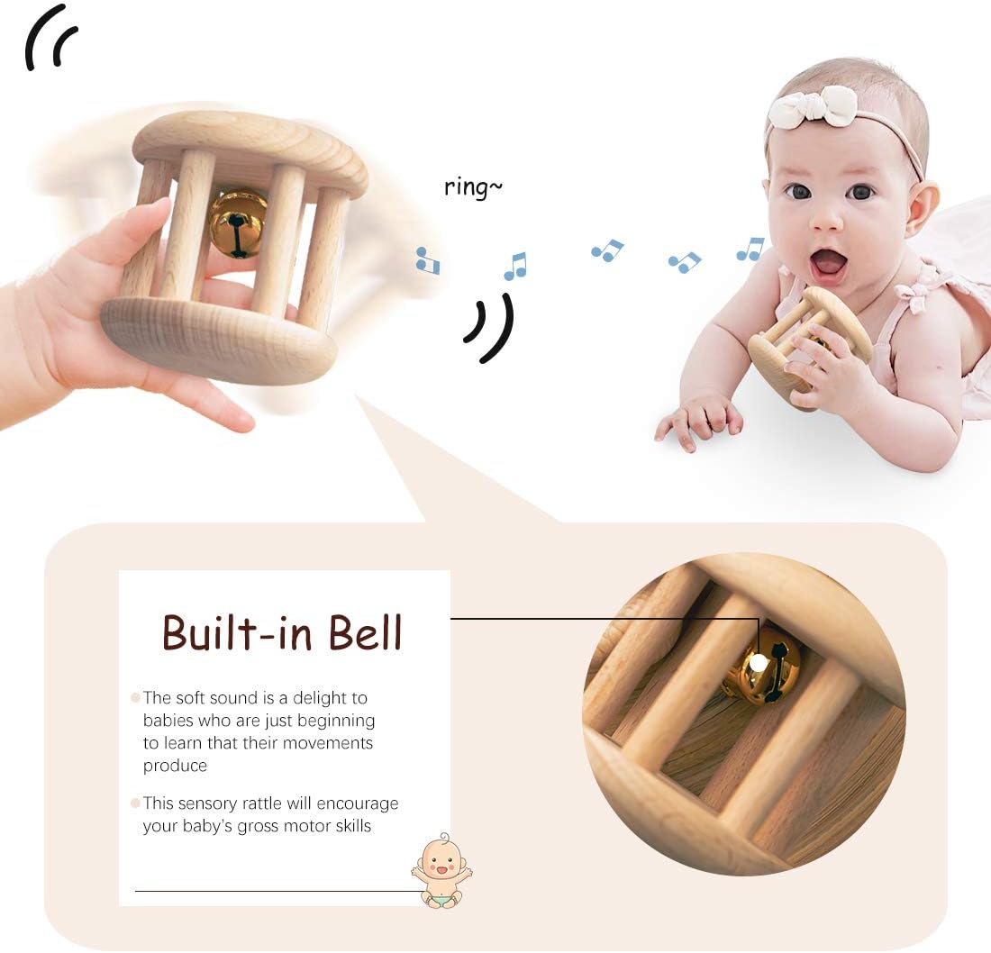 Organic Wooden Baby Rattle Montessori Bell Roller Toy
